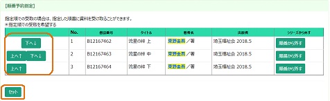 (画像)受取りたい順番を「上へ↑」「下へ↓」で変更します。最後に「セット」を押します